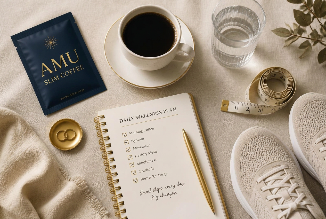 Flat lay of the AMU daily routine: sachet, coffee, water, notebook checklist and walking shoes